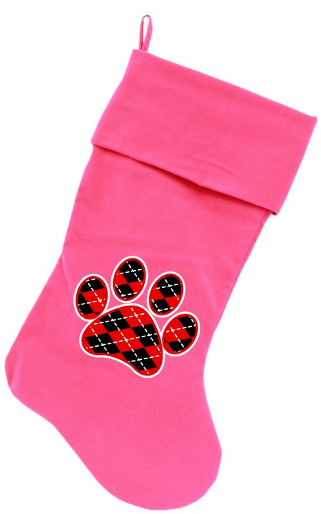 Argyle Paw Red Screen Print 18 inch Velvet Christmas Stocking Pink